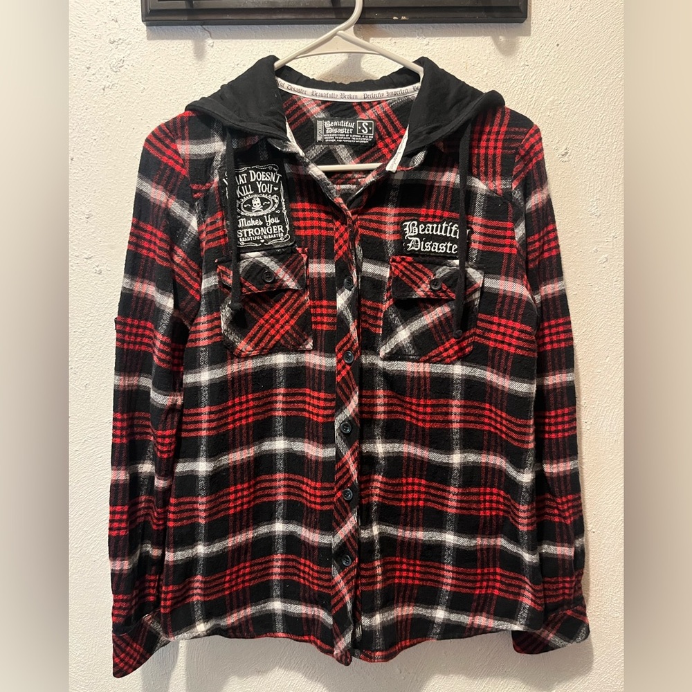 Plaid Hooded Shirt with Patch